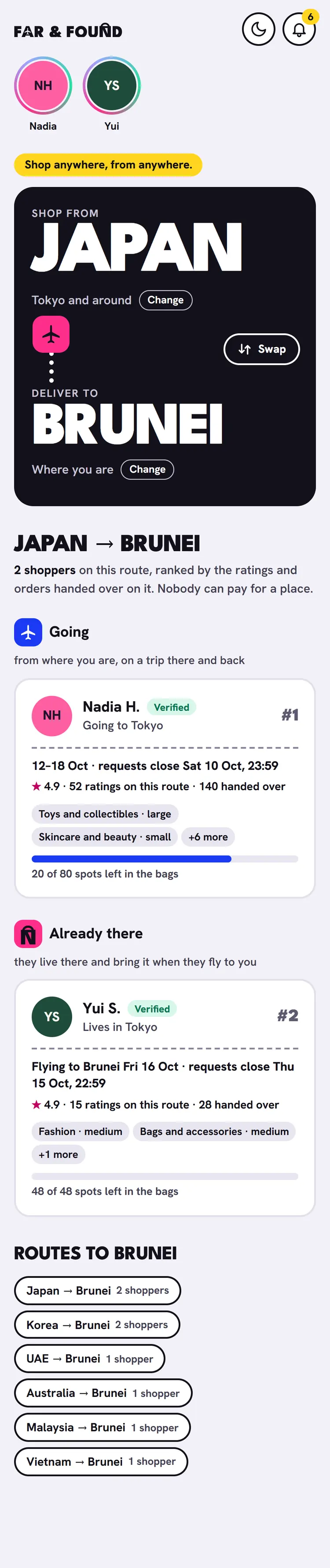 The app's Explore screen: Shop from Japan, deliver to Brunei, and the shoppers on that route ranked by what they have earned