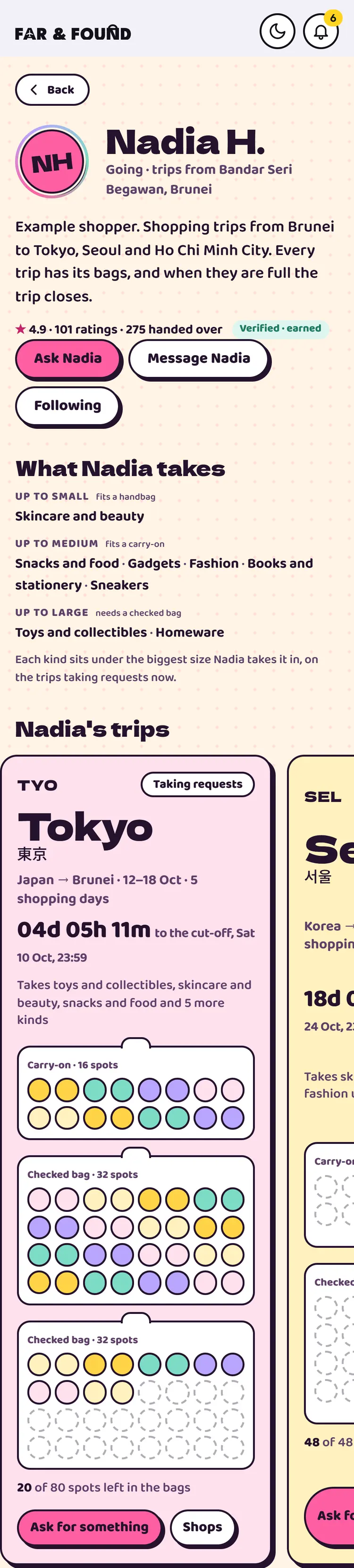 Nadia's page: what she takes by size, then her Tokyo trip with the dates, the cut-off and three luggage sheets filling up